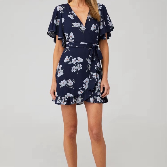 JACK BY BB DAKOTA Let’s Wrap Sapphire Blue Floral Short Sleeve Dress Size Large - Picture 16 of 16
